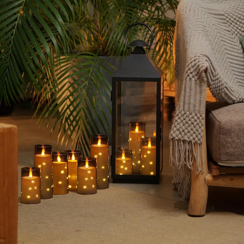 Homemory 9 Pcs Flameless Candles with Embedded Star String Fairy Lights, Battery Operated Candles, LED Fake Candles with Remote Control and Timer, Gray Acrylic - Image 2